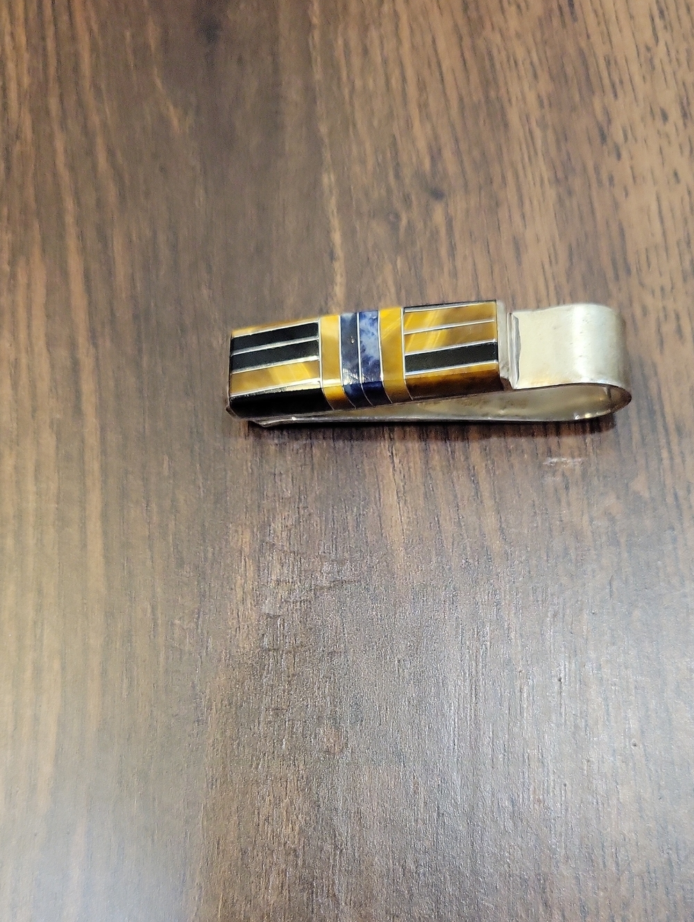 Silver Tone Men's Tie Clip with Black, Yellow and Blue Inlay
